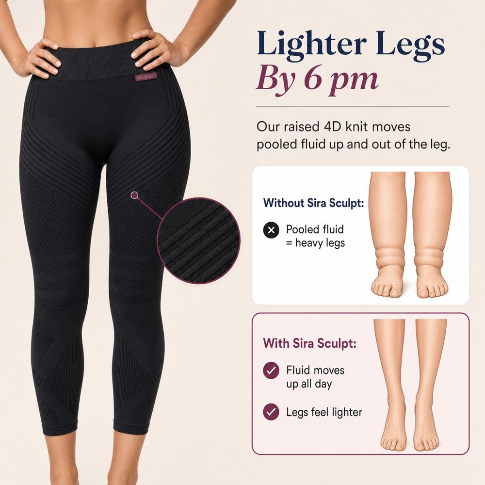 Sira Sculpt 4D Lipedema Leggings: 15 to 21 mmHg compression, rhythmic micro-massage, reduces swelling and heaviness, all-day comfort