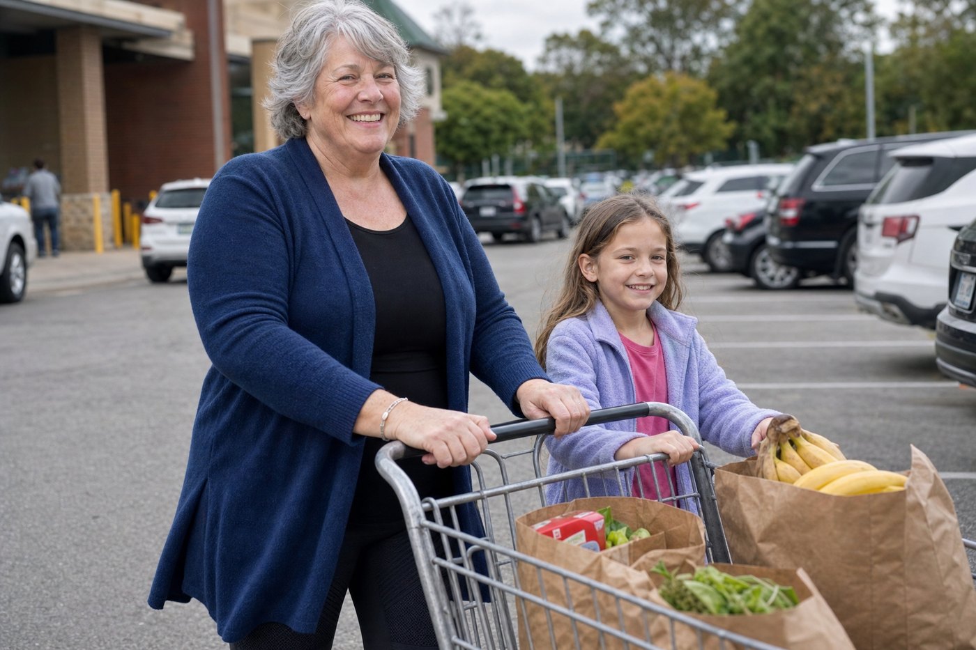 A plus-size woman in her sixties in a navy cardigan and black compression leggings pushes a grocery cart with her granddaughter beside her