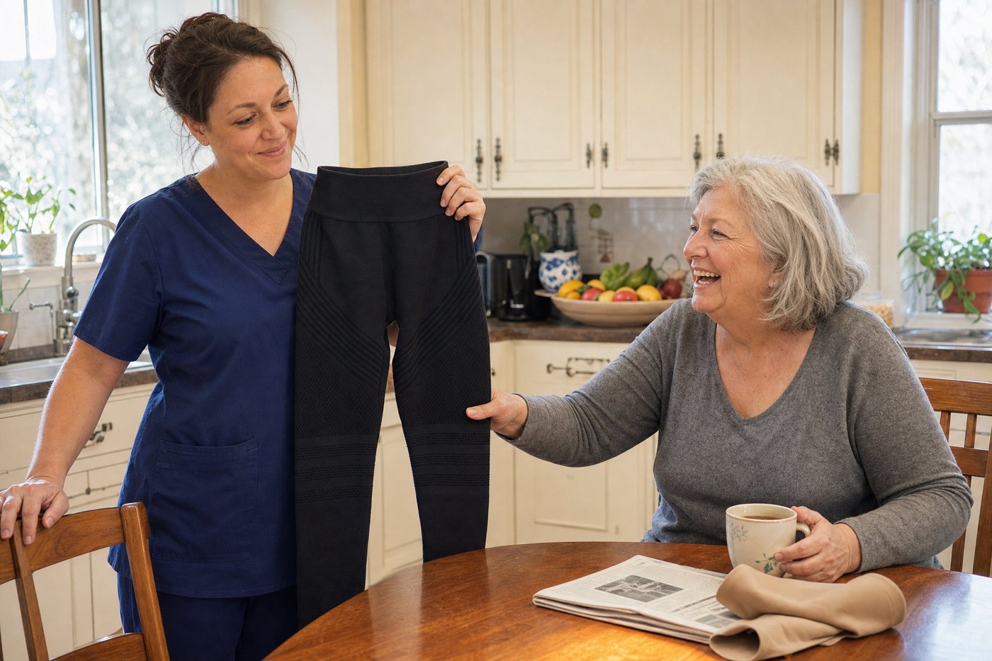A nurse in a navy scrub top hands her mother a pair of black compression leggings at the kitchen table, the mother laughing with a mug of tea in her other hand