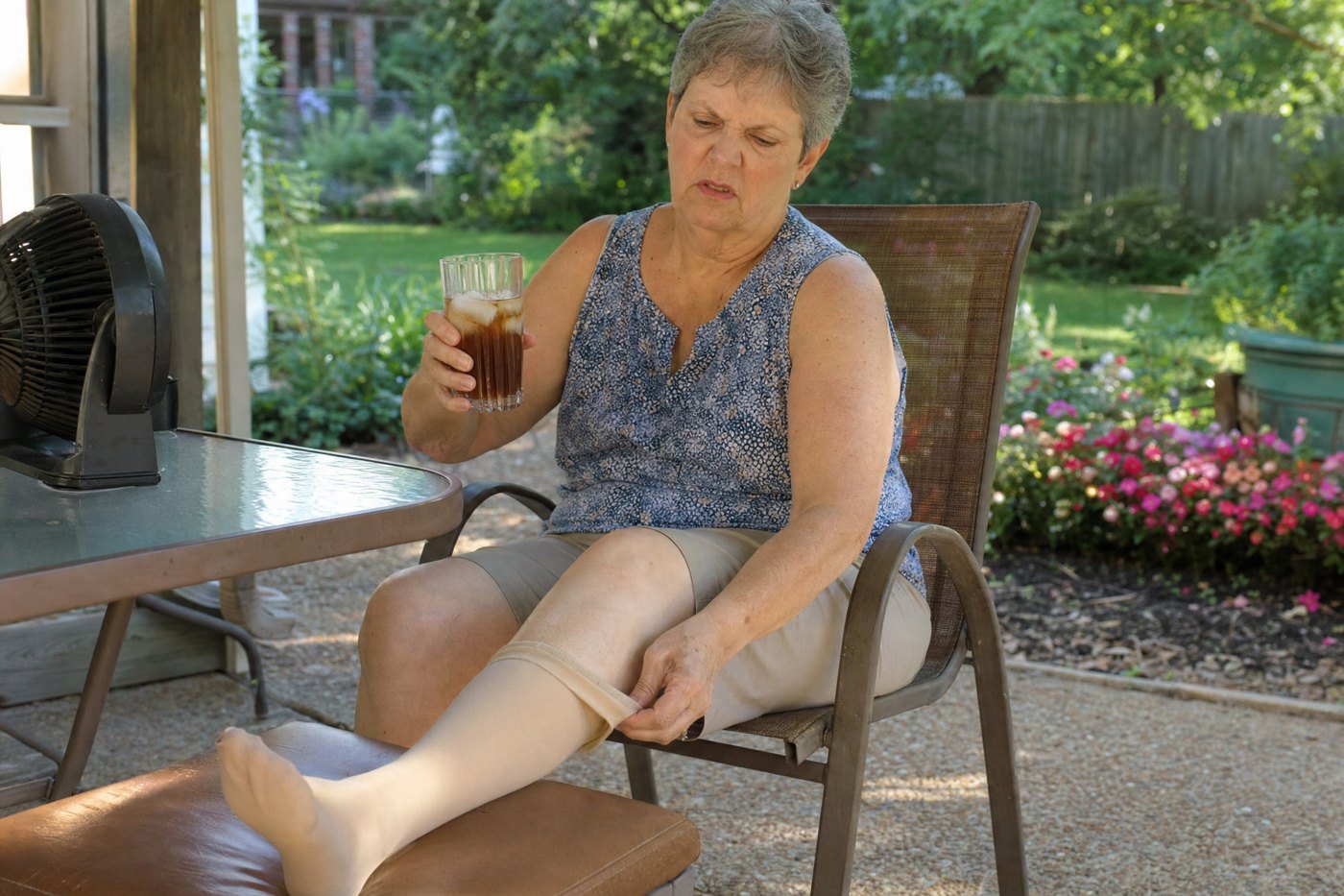 A woman in her sixties on a hot back porch tugs at the damp, rolled-down band of a beige synthetic compression knee-high