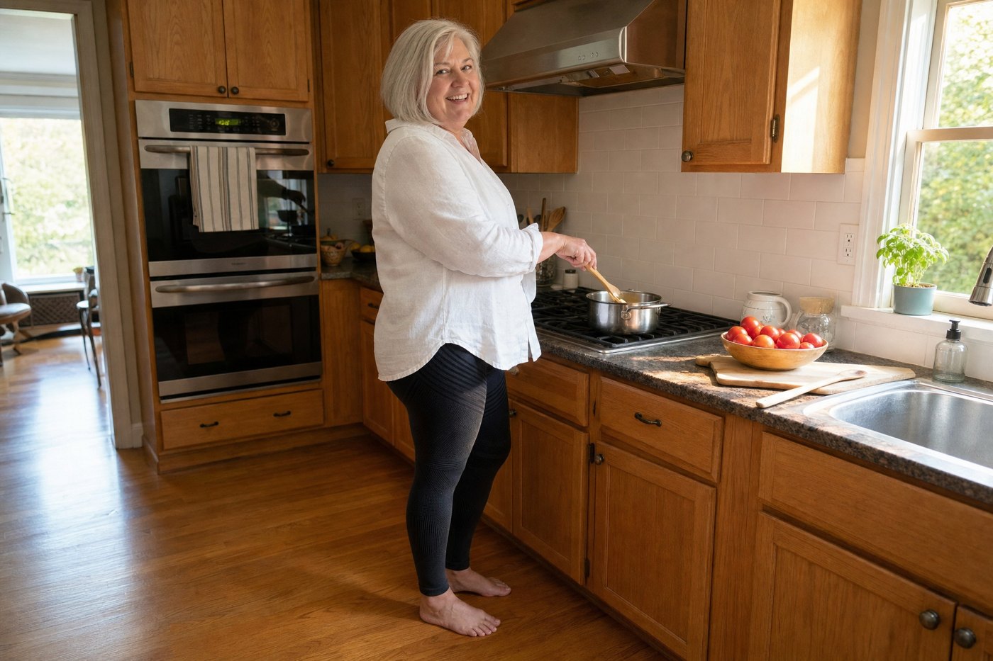 A woman in her sixties in a white linen shirt and black compression leggings cooks dinner at the stove in warm evening light, standing easily