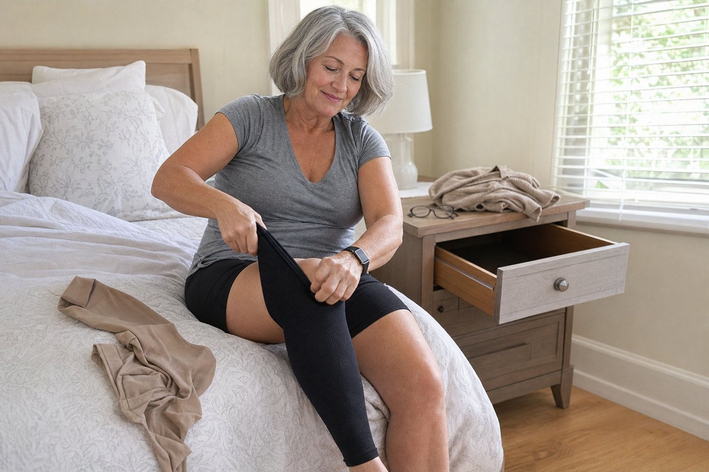 A woman in her sixties sits on the edge of her bed in morning light and pulls on black compression leggings, a pair of beige prescription stockings lying beside an open drawer