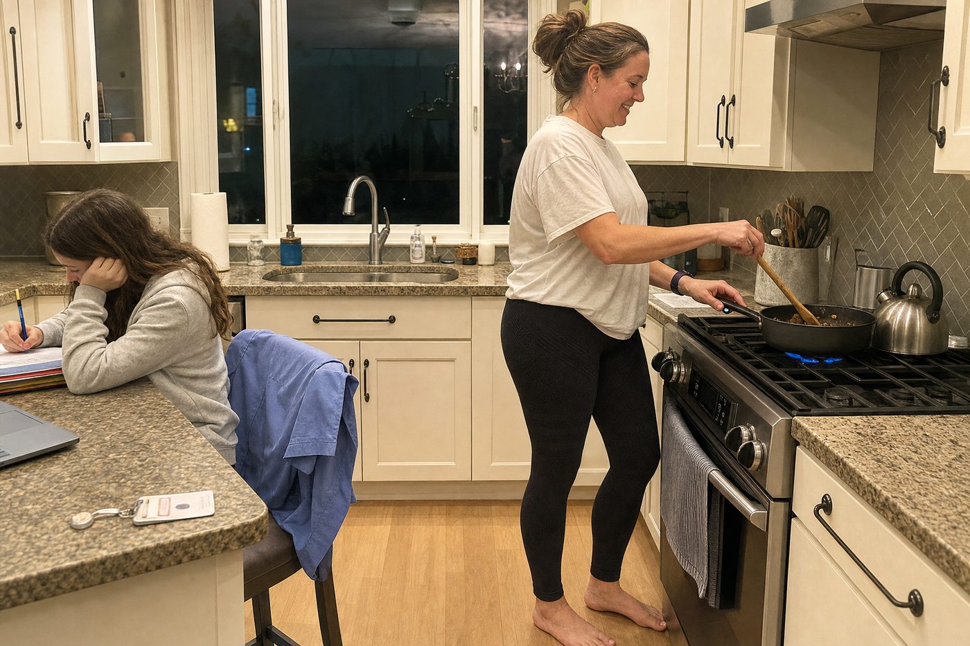 A woman in a white t-shirt and black compression leggings cooks dinner in a bright kitchen after her shift while her teenager does homework at the counter