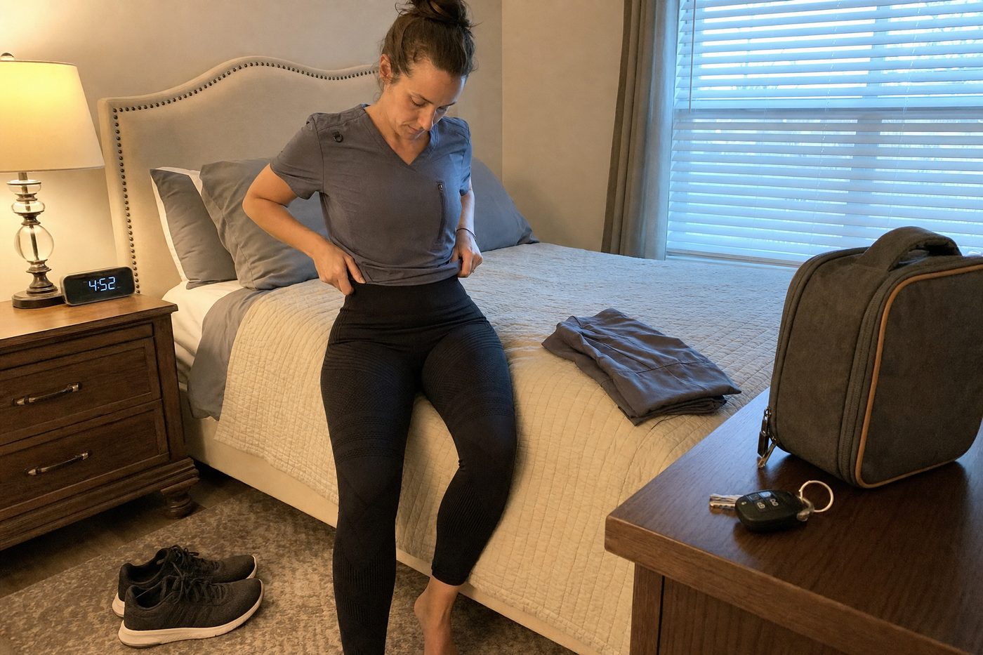 A nurse in a grey scrub top adjusts the waistband of black compression leggings on the edge of her bed at 4:52 in the morning, scrub pants folded beside her