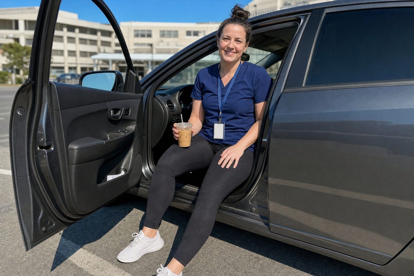 A nurse in a navy scrub top and black compression leggings sits in her parked car after a 12-hour shift, iced coffee in hand