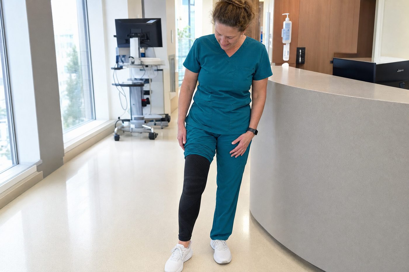 A nurse in teal scrubs lifts one pant leg beside the nurses' station to show the black compression leggings underneath